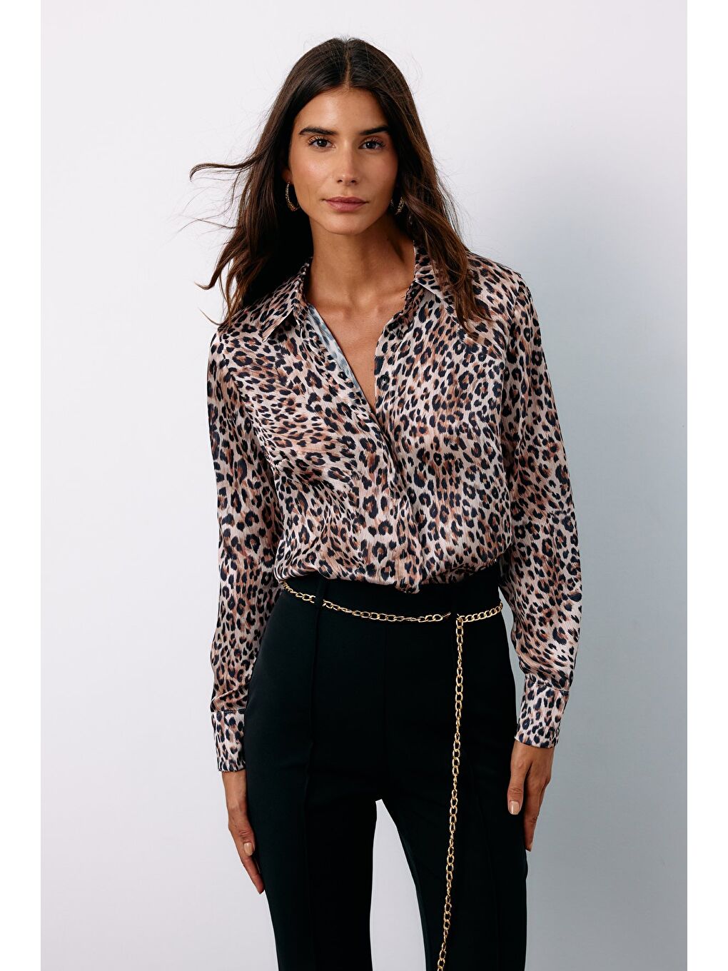 SATEEN Leopar Desenli Gömlek - Bej
