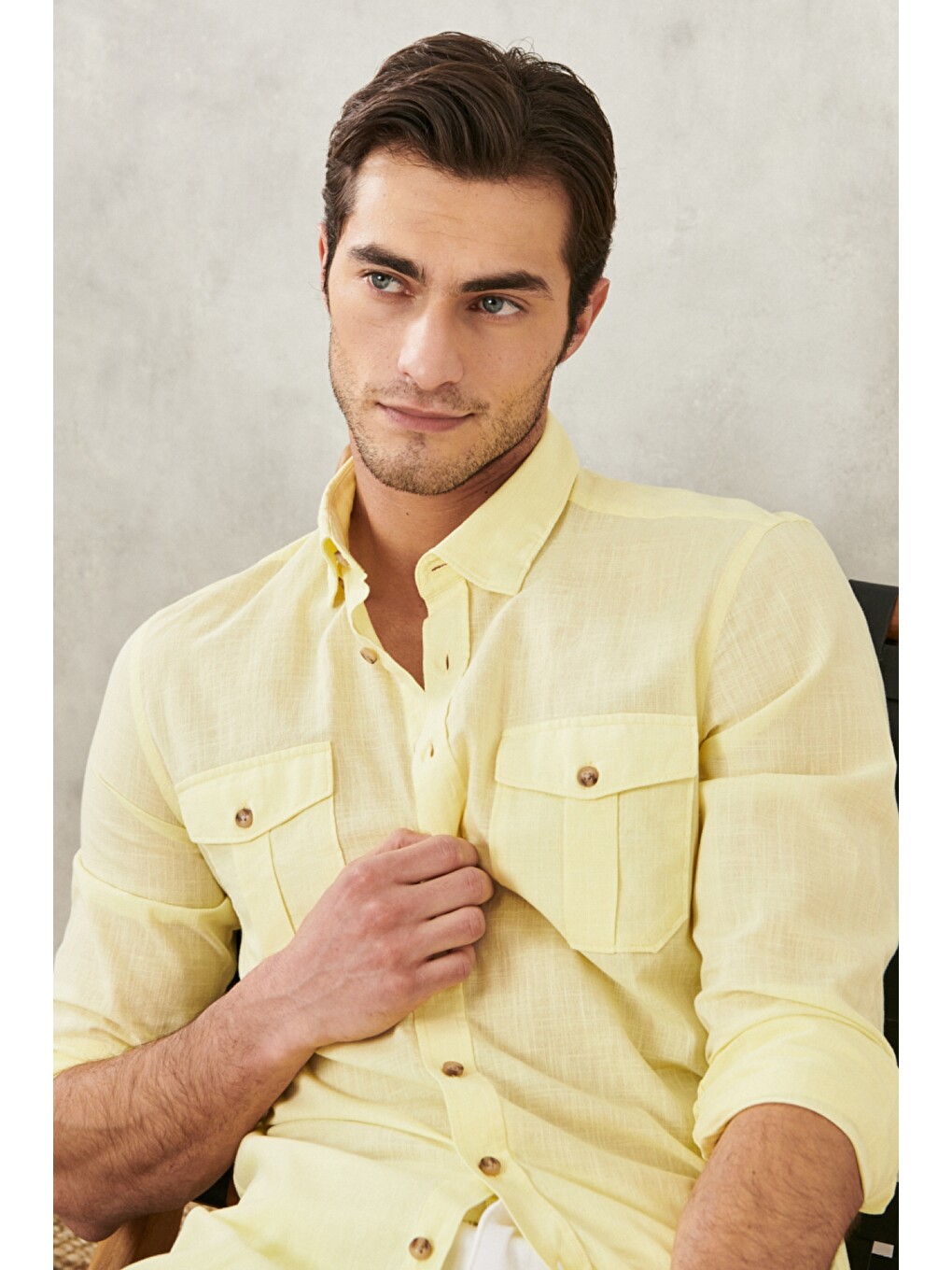 Erkek Sarı Slim Fit Dar Kesim Düğmeli Yaka %100 Pamuk Flamlı Gömlek-6