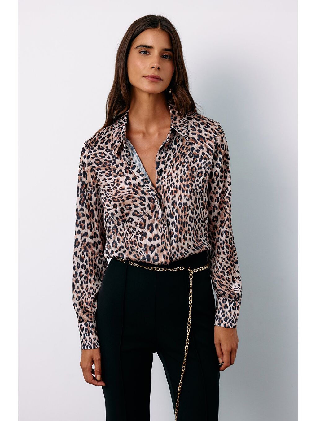 SATEEN Leopar Desenli Gömlek - Bej - 1