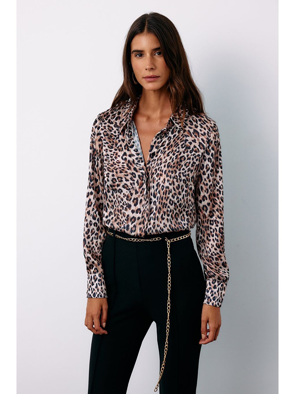 SATEEN Leopar Desenli Gömlek - Bej - 2
