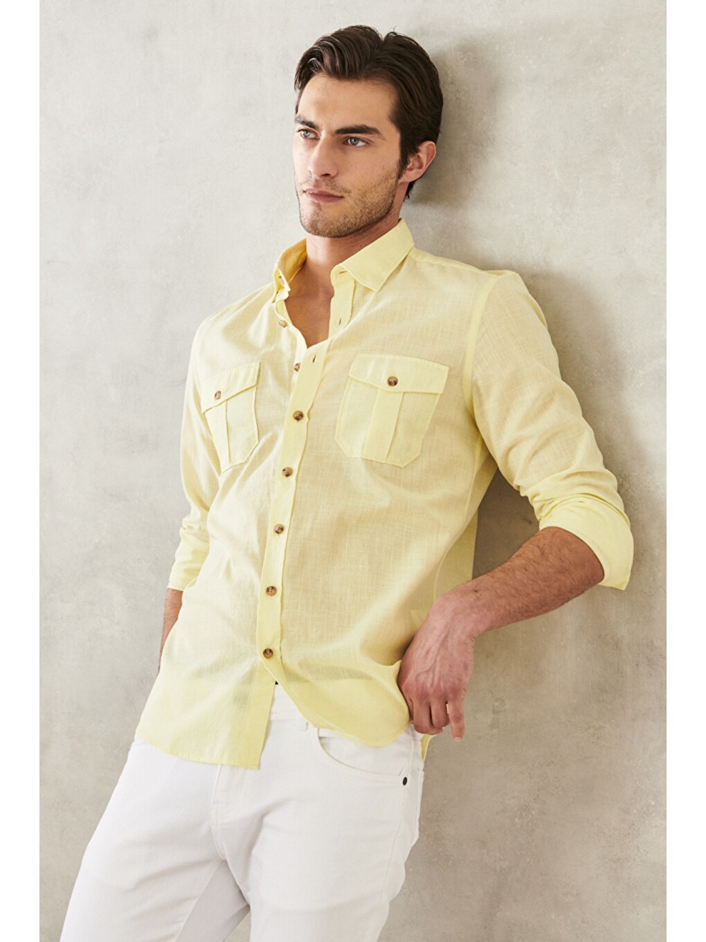 Erkek Sarı Slim Fit Dar Kesim Düğmeli Yaka %100 Pamuk Flamlı Gömlek-7