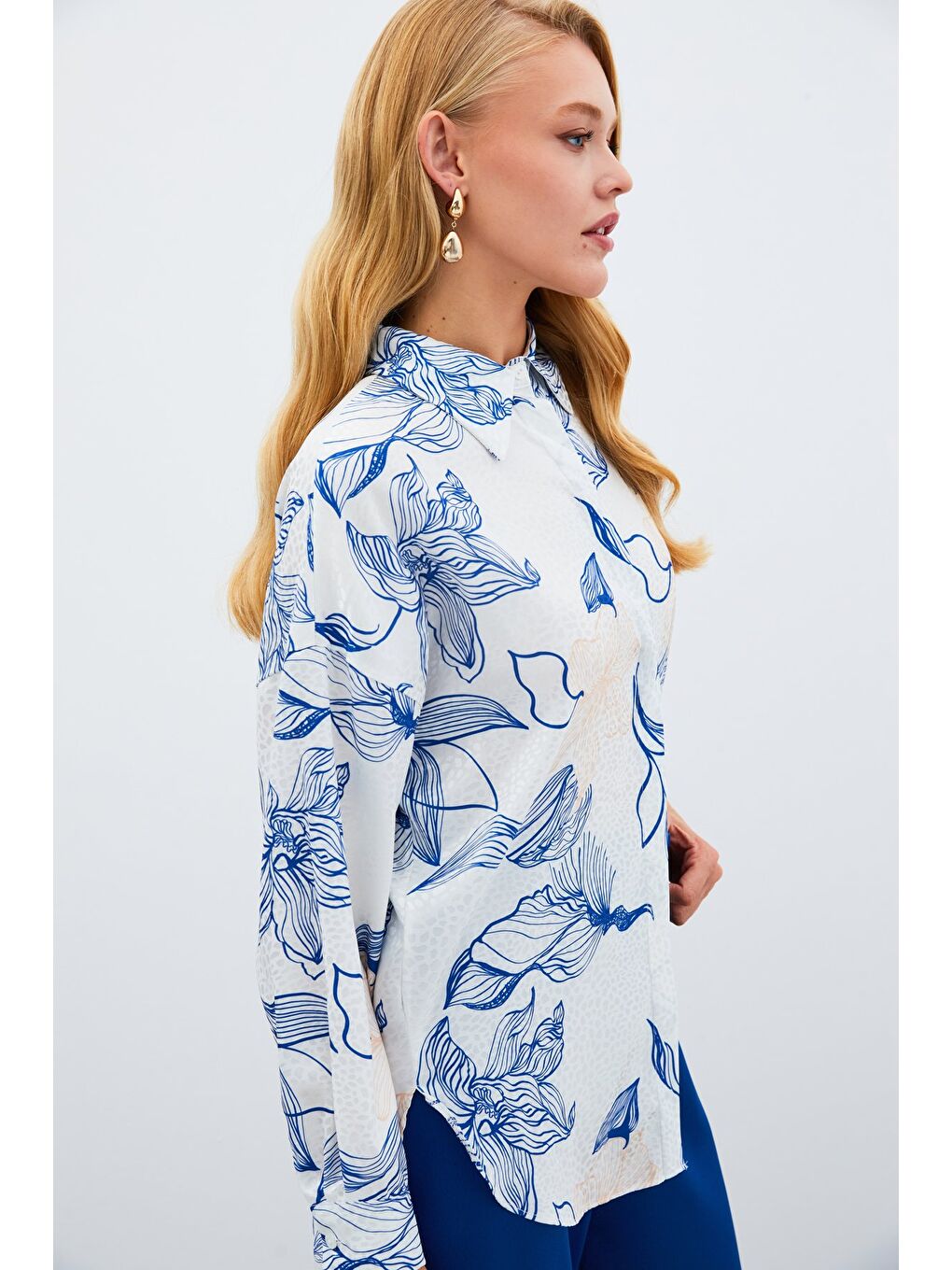 Renkli Desenli Salaş Gömlek - Sax Mavi-1