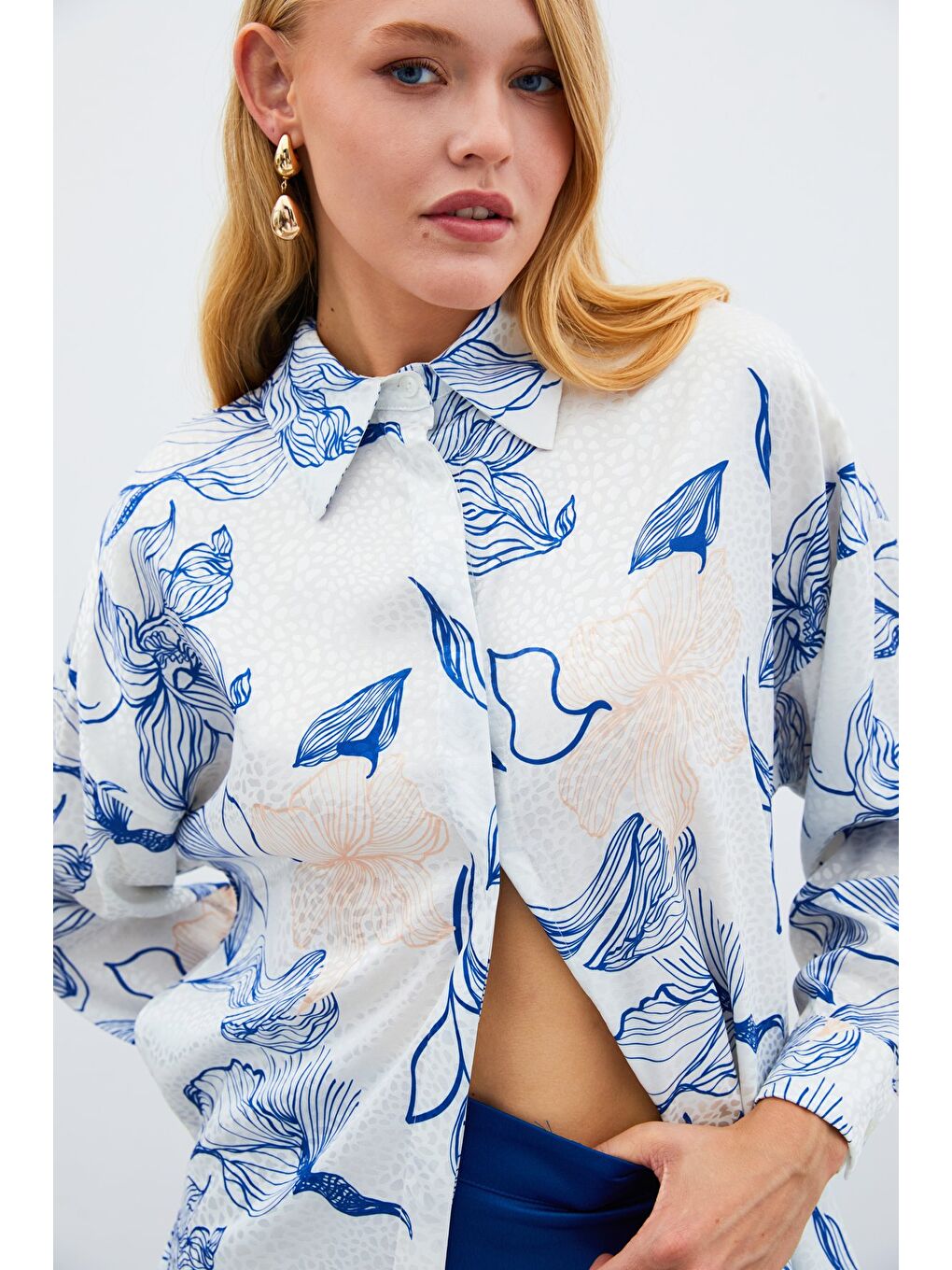 Renkli Desenli Salaş Gömlek - Sax Mavi-2