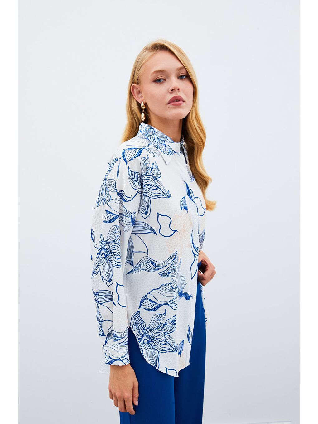 Renkli Desenli Salaş Gömlek - Sax Mavi-3