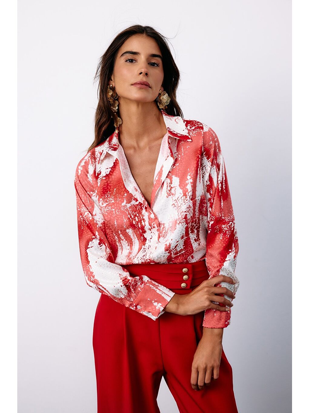 Desenli Salaş Gömlek - Kırmızı-5