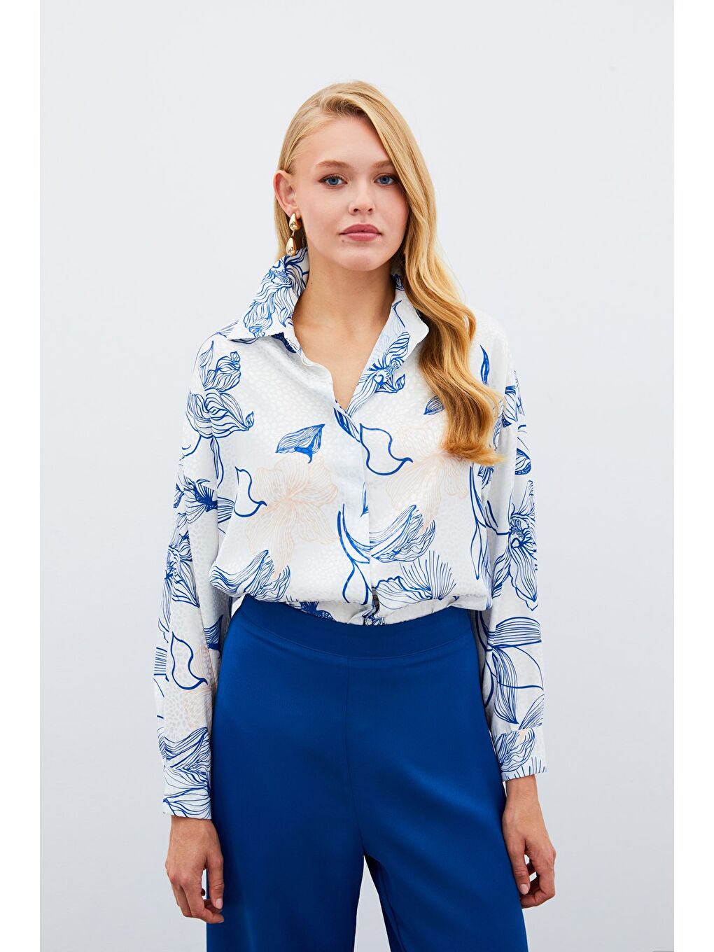 Renkli Desenli Salaş Gömlek - Sax Mavi-4