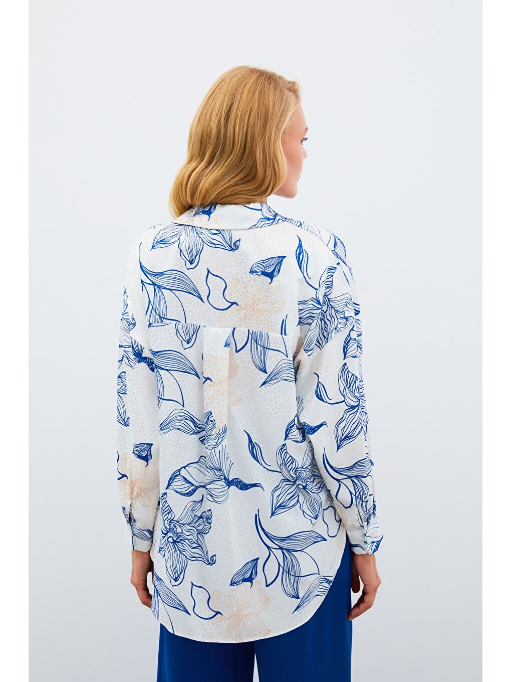 Renkli Desenli Salaş Gömlek - Sax Mavi-5