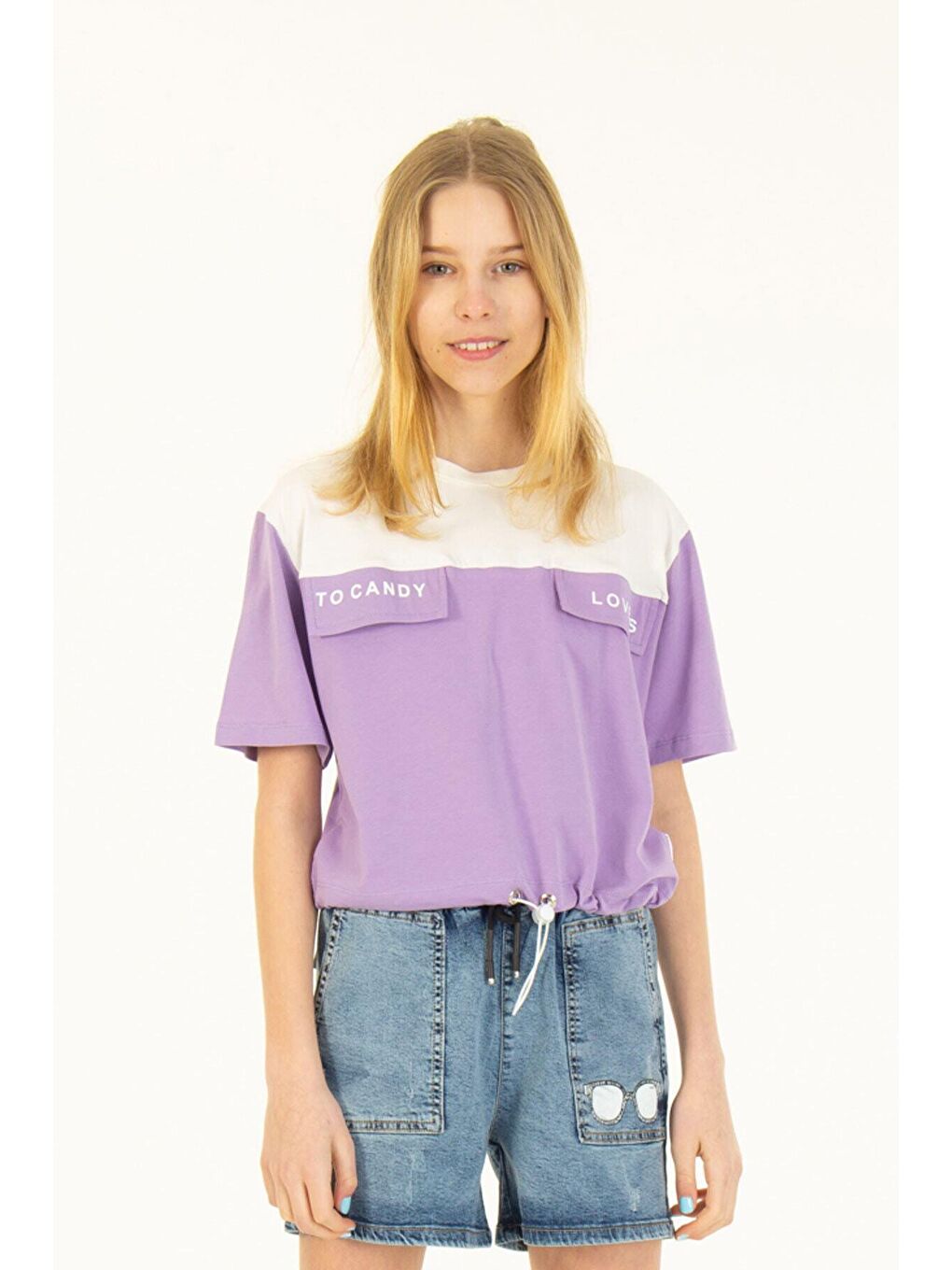 Mor Kız Çocuk Cep Detaylı Baskılı T-Shirt 8-14 Yaş