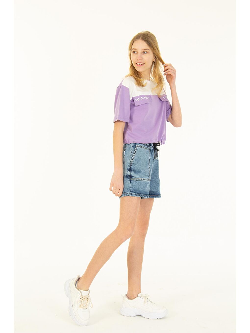 Mor Kız Çocuk Cep Detaylı Baskılı T-Shirt 8-14 Yaş-1
