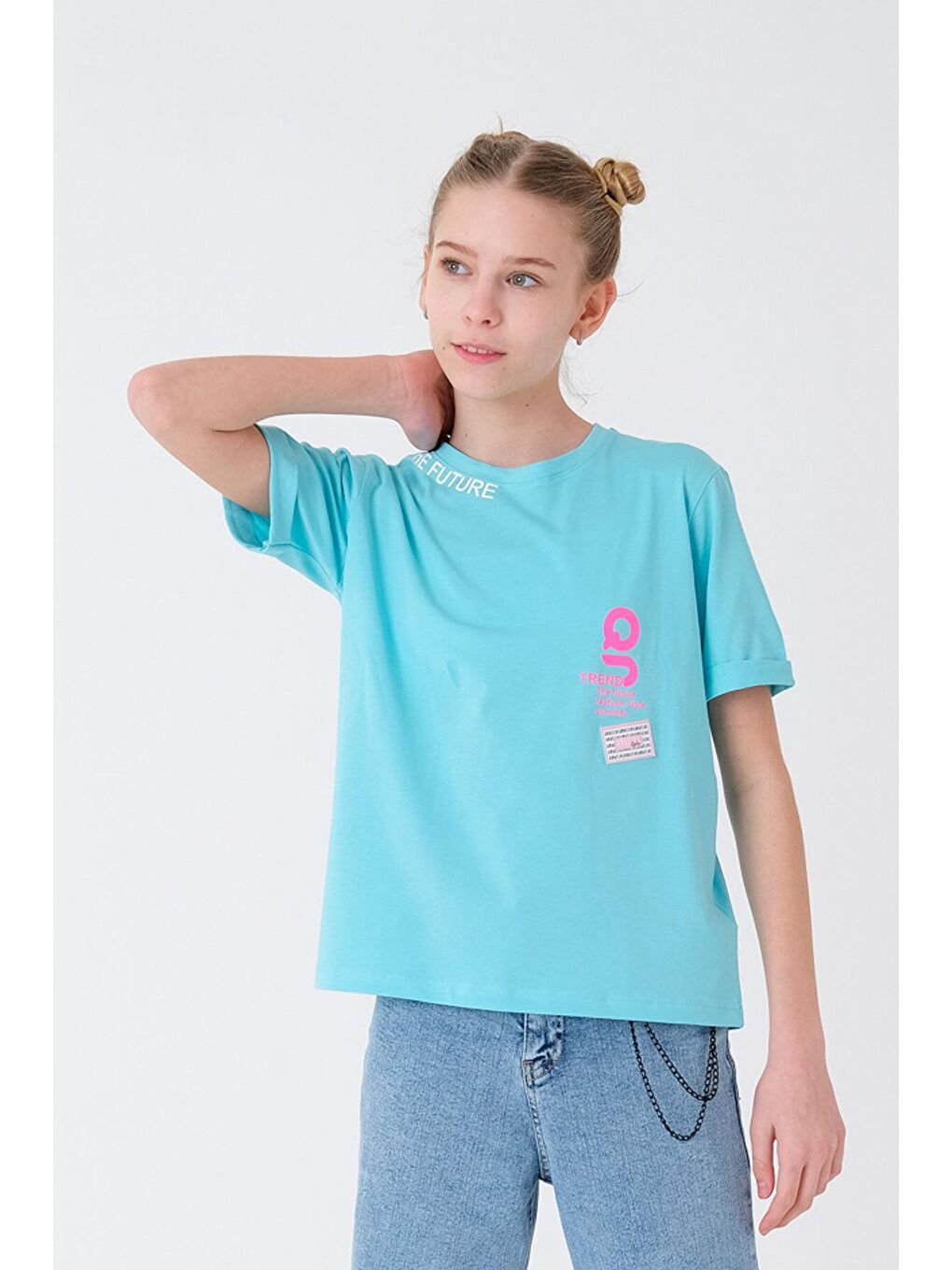 Turkuaz Kız Çocuk Yaka Baskılı T-Shirt 8-14 Yaş T1904