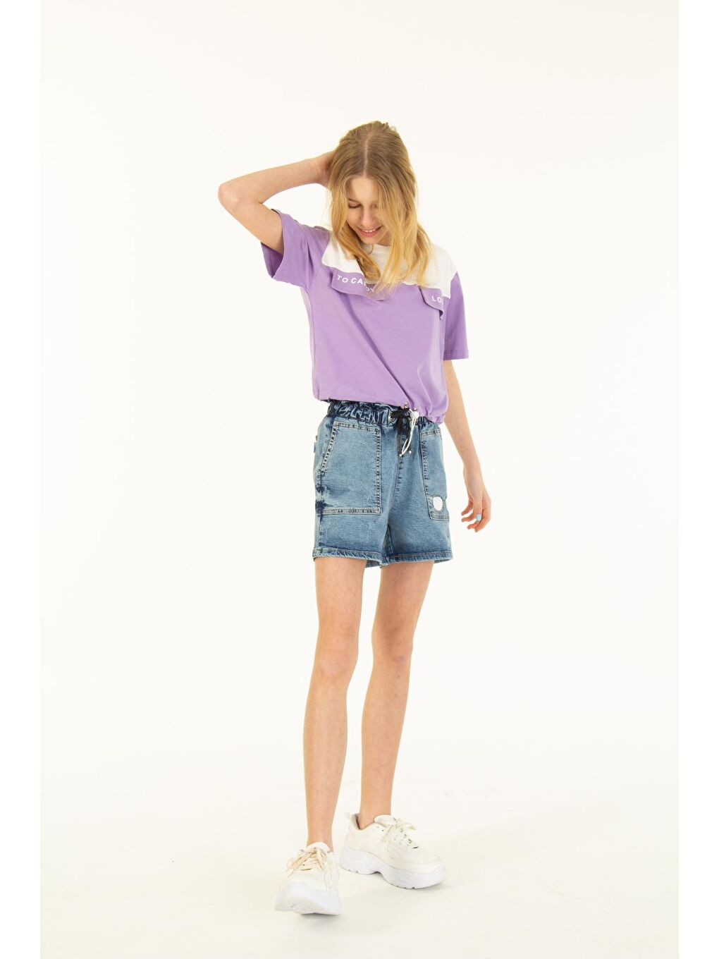 Mor Kız Çocuk Cep Detaylı Baskılı T-Shirt 8-14 Yaş-3