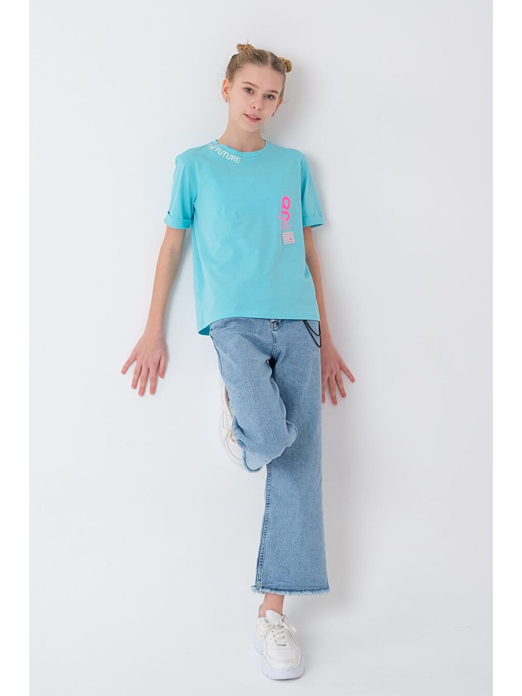 Turkuaz Kız Çocuk Yaka Baskılı T-Shirt 8-14 Yaş T1904-1
