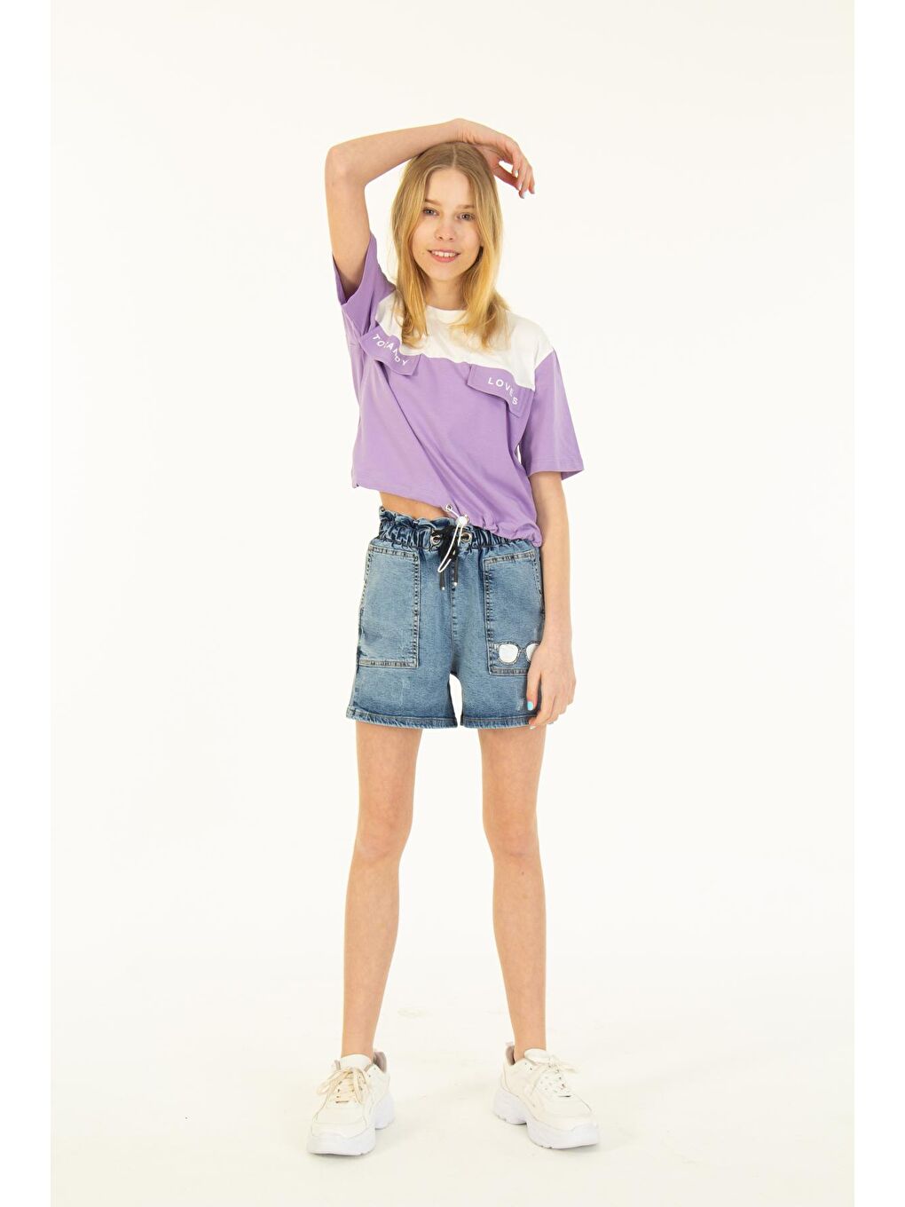 Mor Kız Çocuk Cep Detaylı Baskılı T-Shirt 8-14 Yaş-4