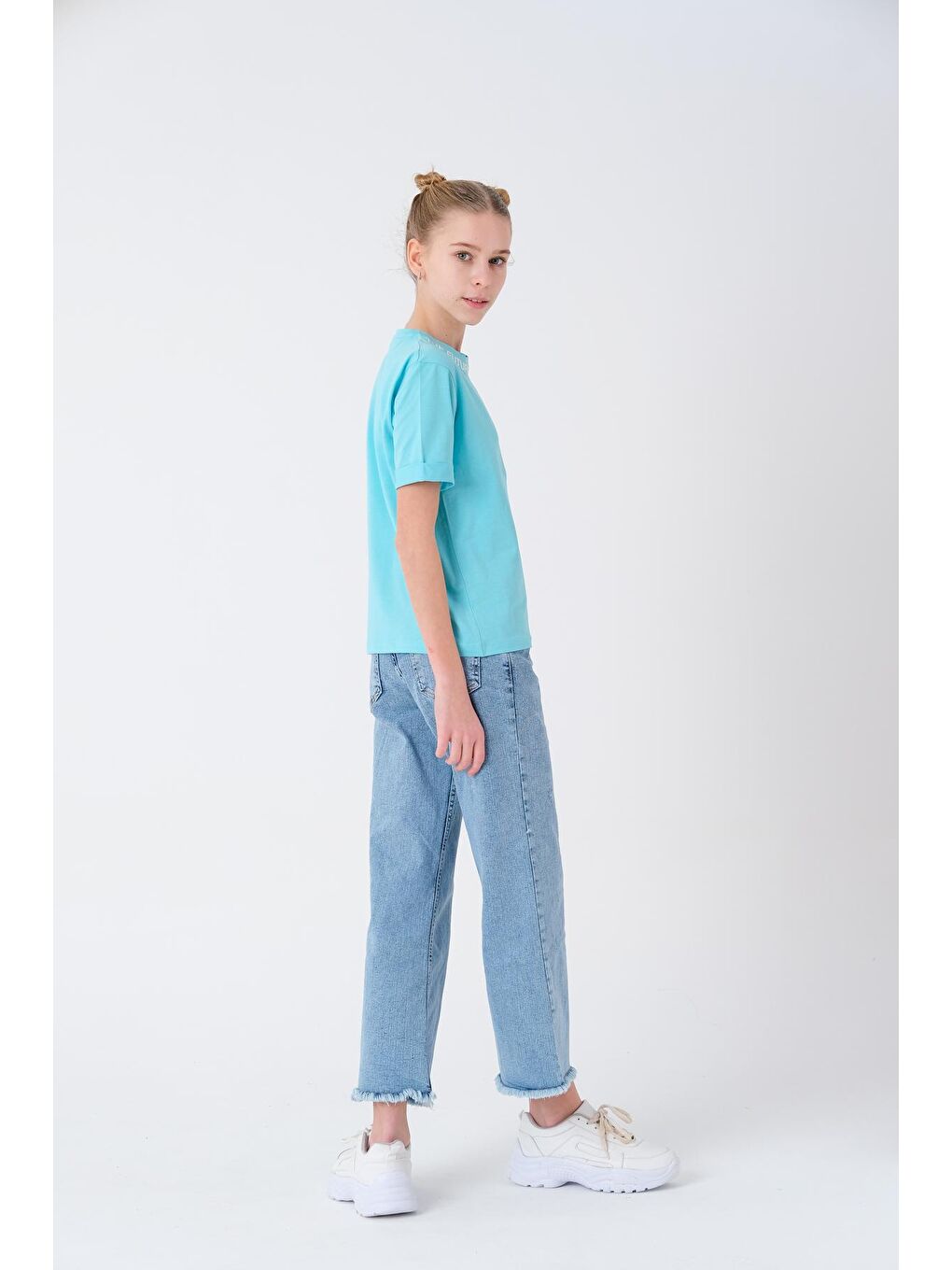 Turkuaz Kız Çocuk Yaka Baskılı T-Shirt 8-14 Yaş T1904-2