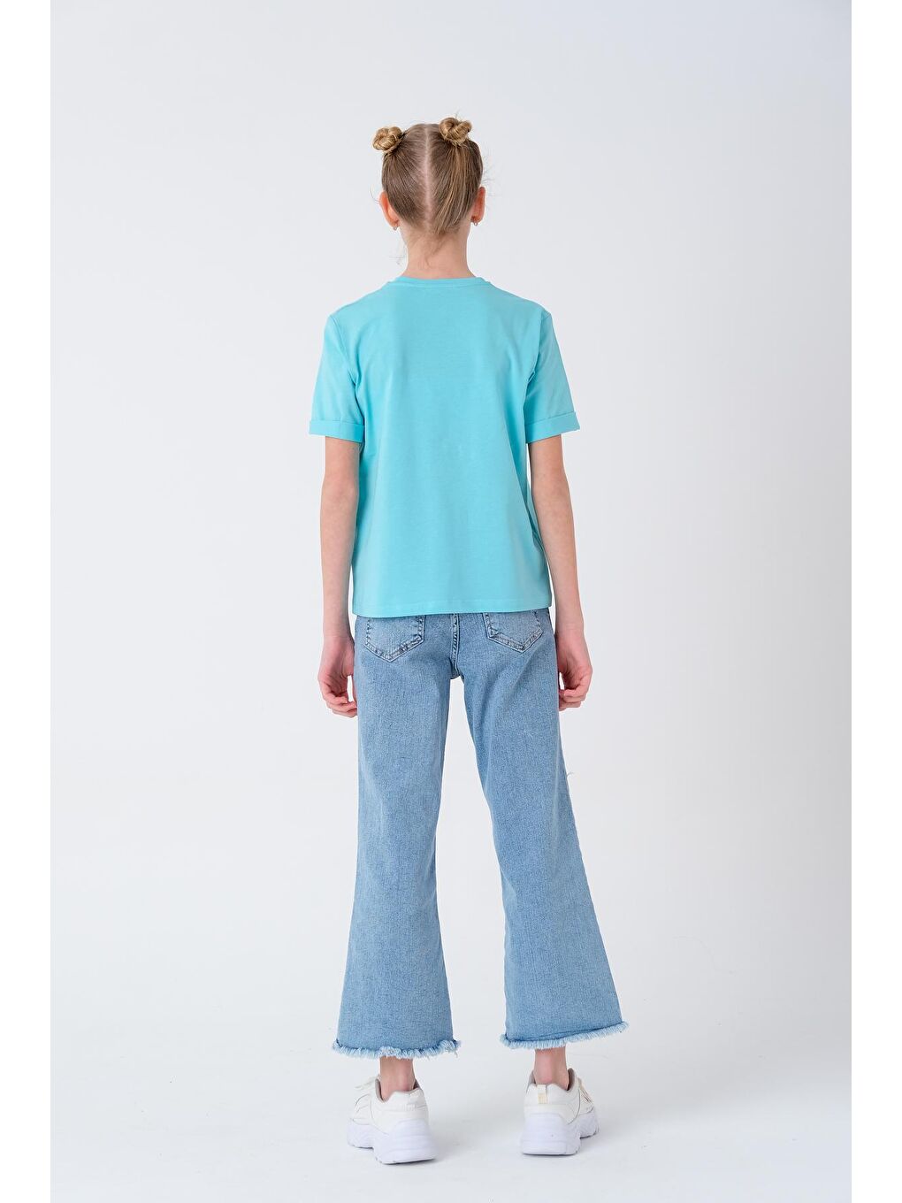Turkuaz Kız Çocuk Yaka Baskılı T-Shirt 8-14 Yaş T1904-3