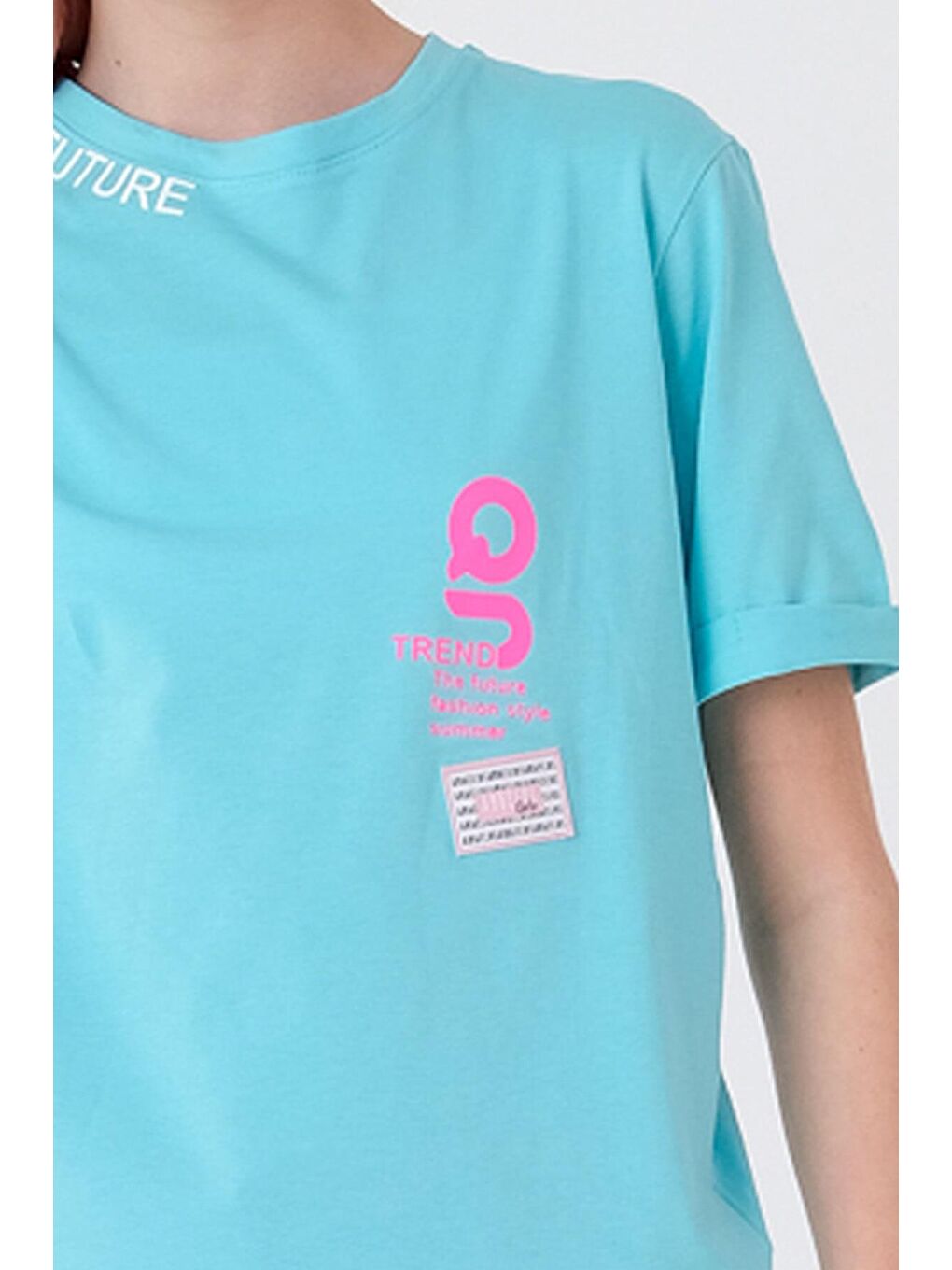 Turkuaz Kız Çocuk Yaka Baskılı T-Shirt 8-14 Yaş T1904-4