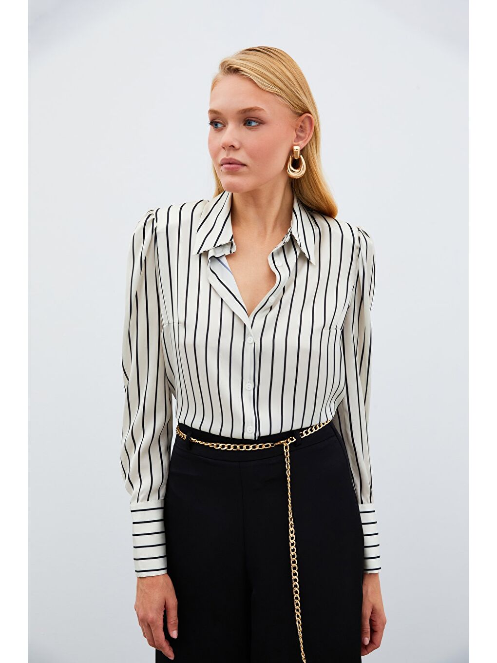 Bej Vatkalı Çizgili Gömlek - Taş