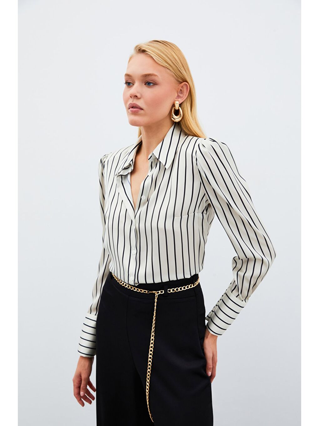 Bej Vatkalı Çizgili Gömlek - Taş-1