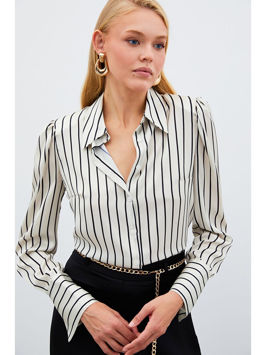 Bej Vatkalı Çizgili Gömlek - Taş-2