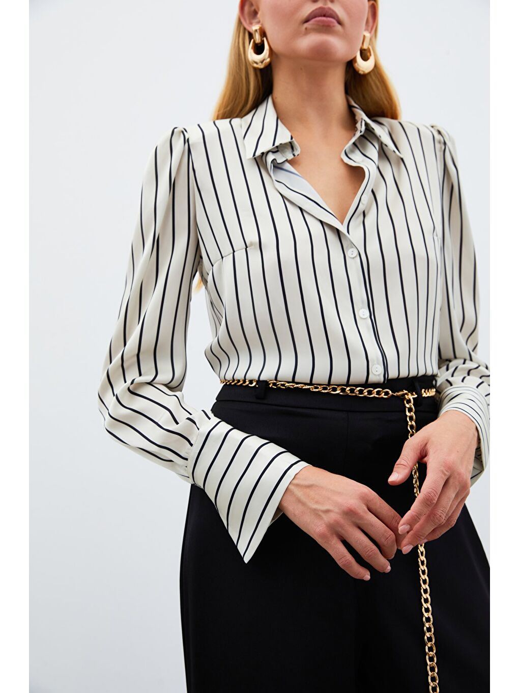 Bej Vatkalı Çizgili Gömlek - Taş-3