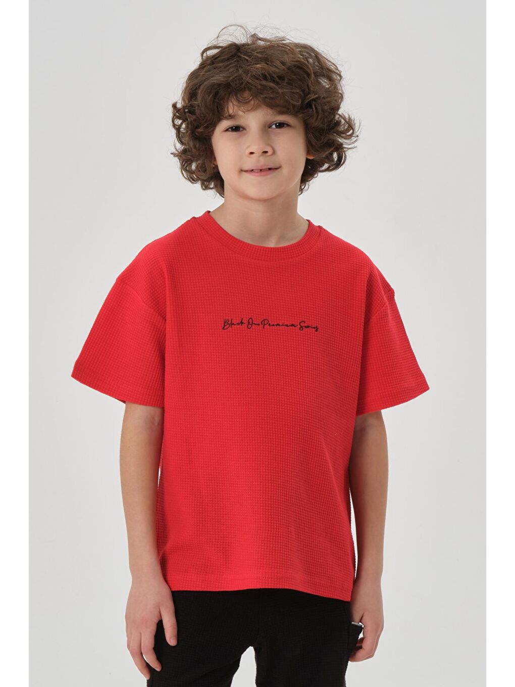 Kırmızı Erkek Çocuk Waffle Kumaş Yazlık T-Shırt-1