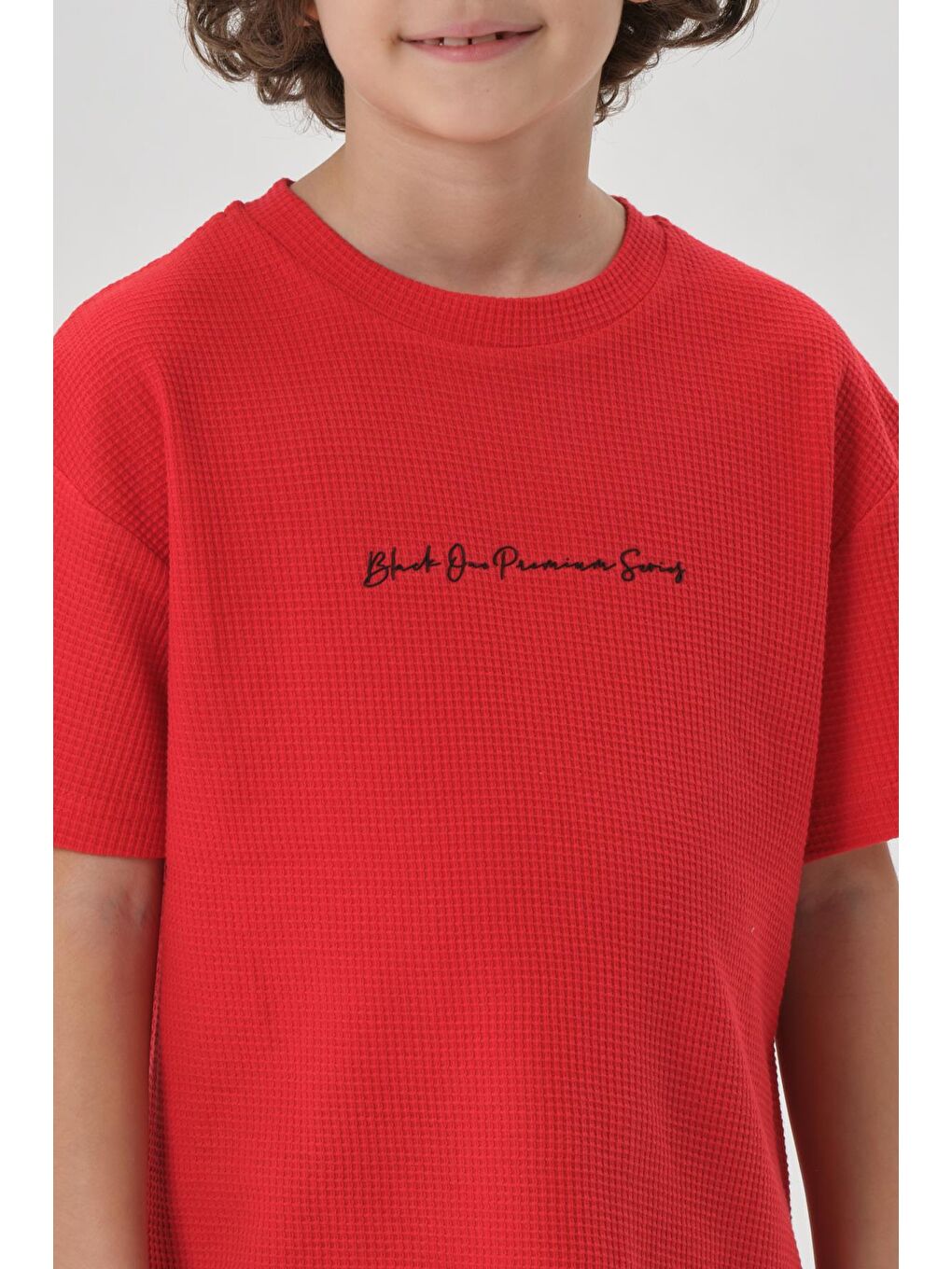 Kırmızı Erkek Çocuk Waffle Kumaş Yazlık T-Shırt-2