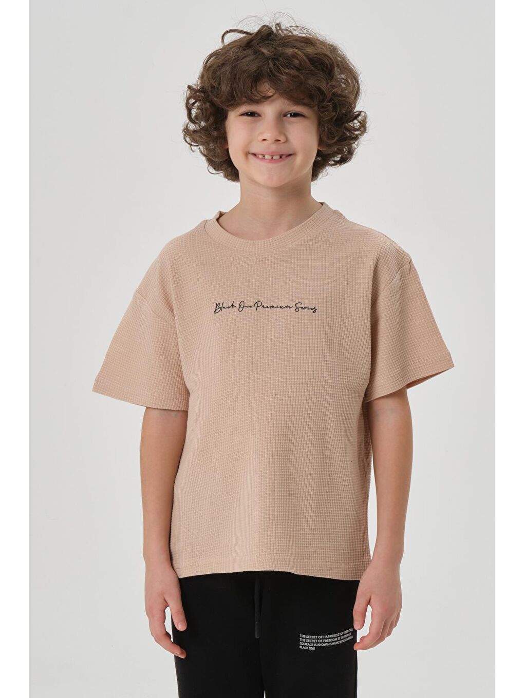 Bej Erkek Çocuk Waffle Kumaş Yazlık T-Shırt-2