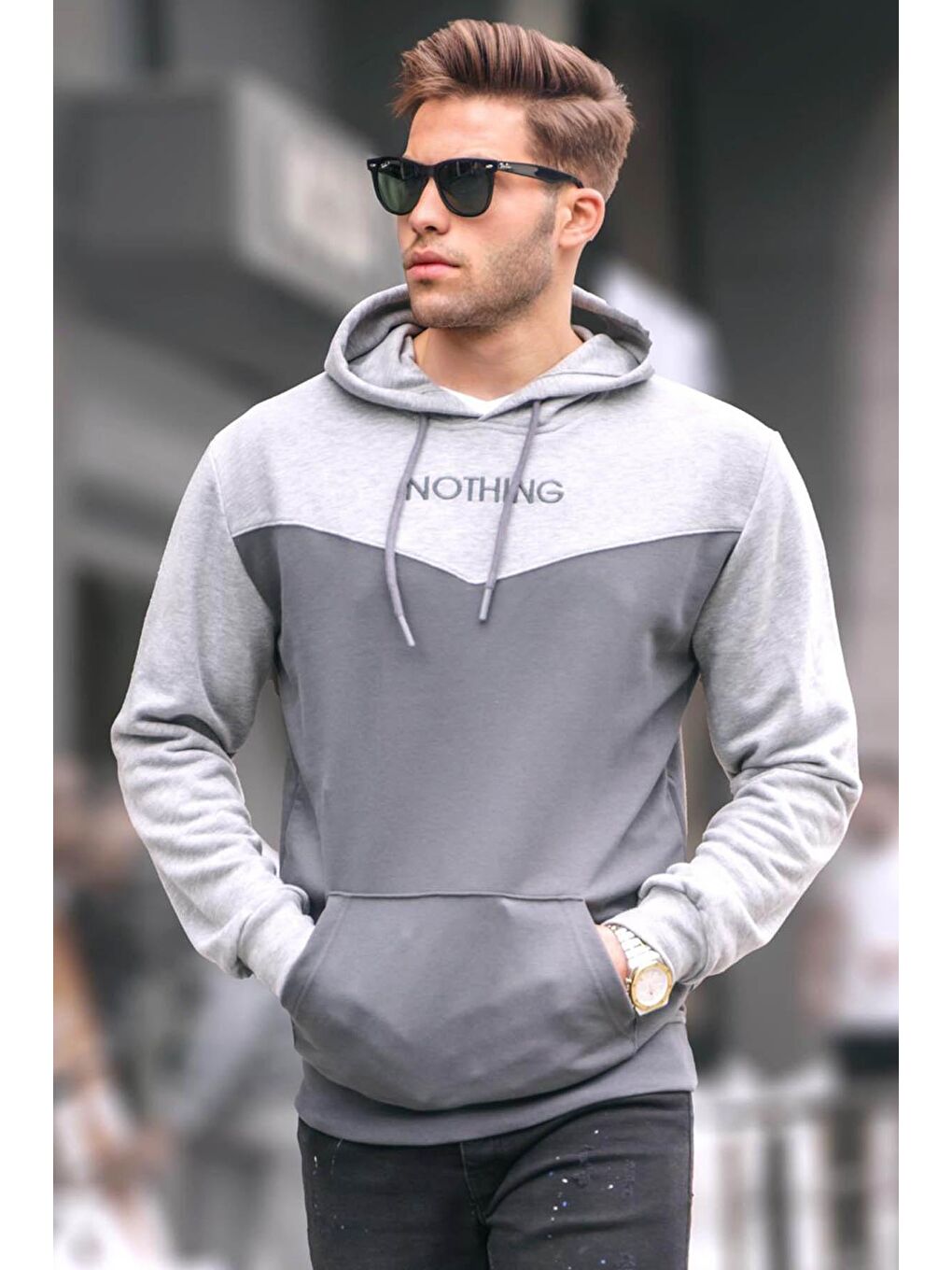 Gri Füme Kapüşonlu Renk Bloklu Erkek Sweatshirt 6024