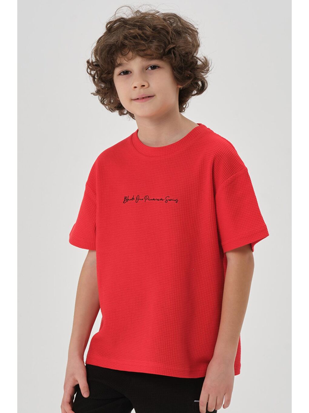 Kırmızı Erkek Çocuk Waffle Kumaş Yazlık T-Shırt-3