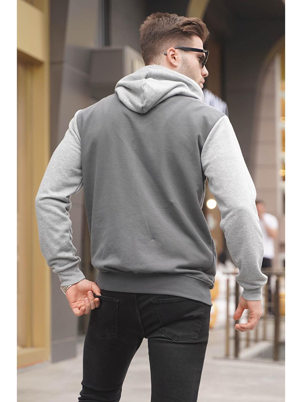 Gri Füme Kapüşonlu Renk Bloklu Erkek Sweatshirt 6024-1