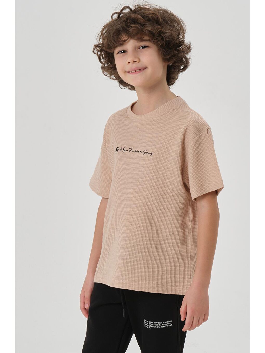Bej Erkek Çocuk Waffle Kumaş Yazlık T-Shırt-4