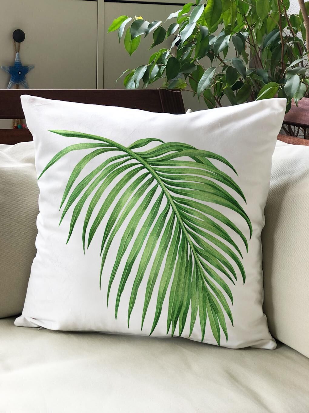 Karışık Kadife Doku Çift Taraf Baskılı Yeşil Yaprak Desen 43x43 cm Tekli Kırlent Kılıfı