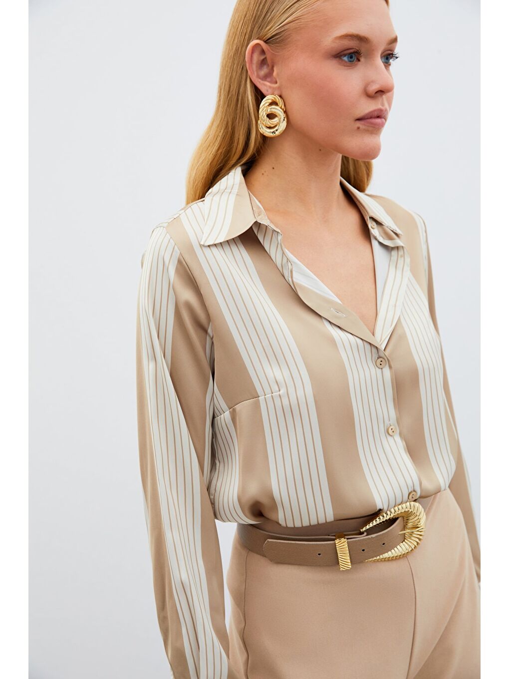 Çizgi Desenli Gömlek - Bej-1