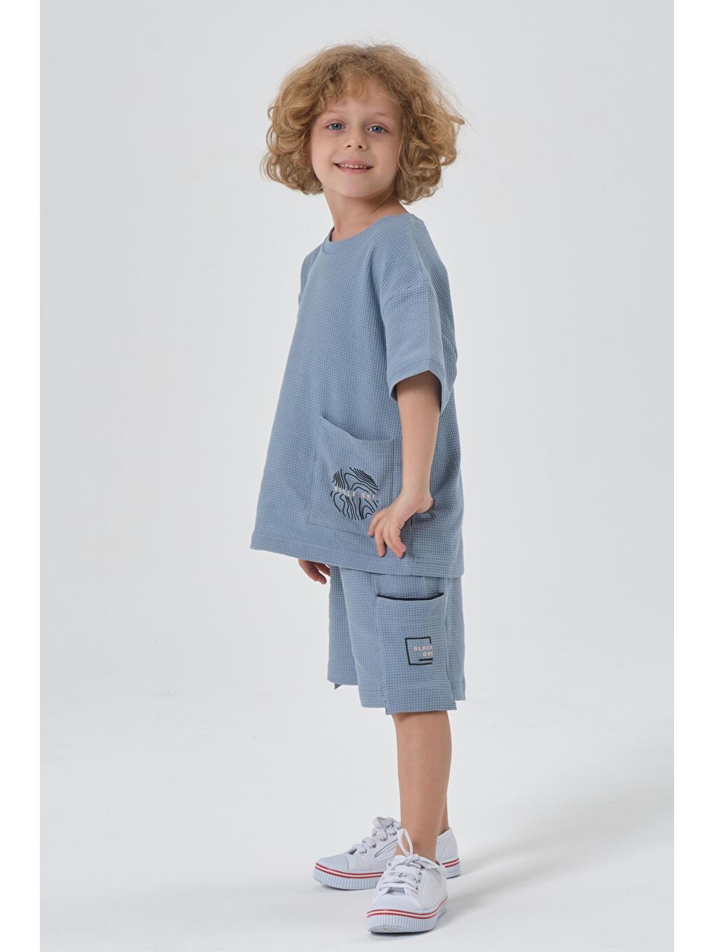 Mavi Erkek Çocuk Penye Waffle Kumaş Alt Üst Takım-1