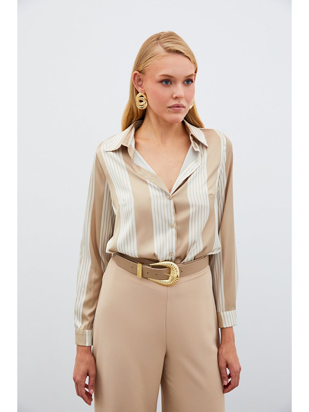 Çizgi Desenli Gömlek - Bej-2
