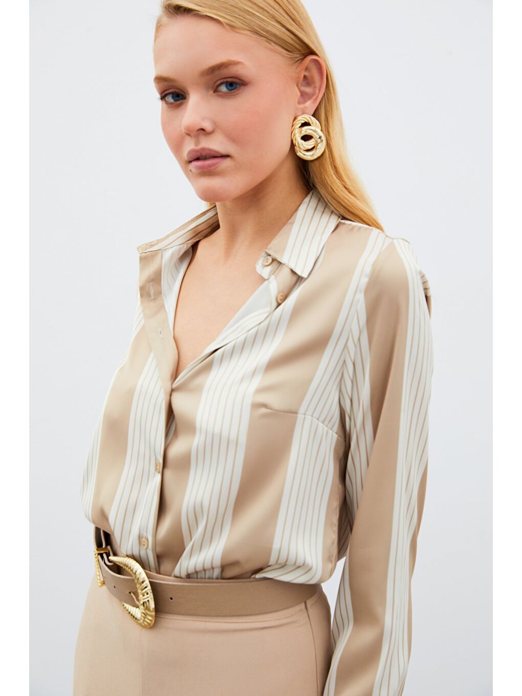Çizgi Desenli Gömlek - Bej-3