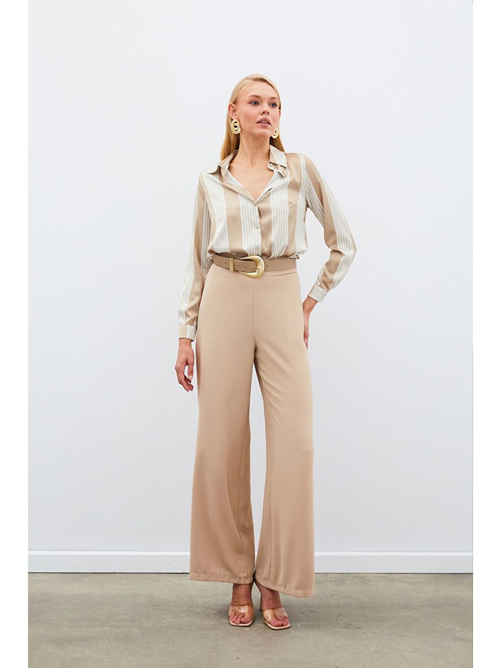 Çizgi Desenli Gömlek - Bej-4