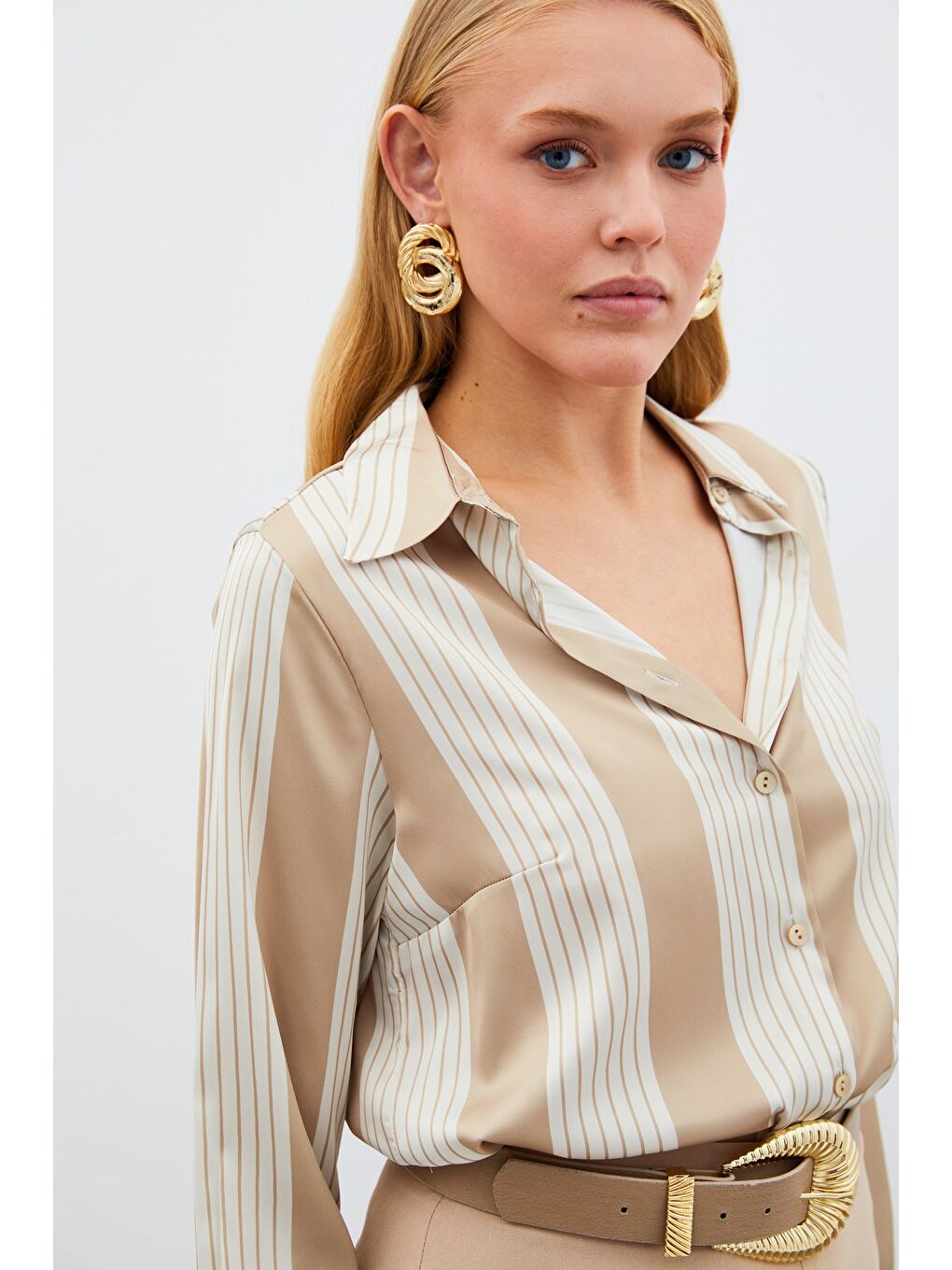 Çizgi Desenli Gömlek - Bej-5