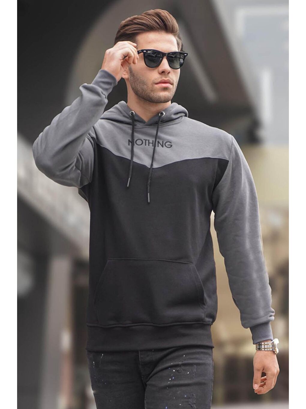 Siyah Kapüşonlu Renk Bloklu Erkek Sweatshirt 6024