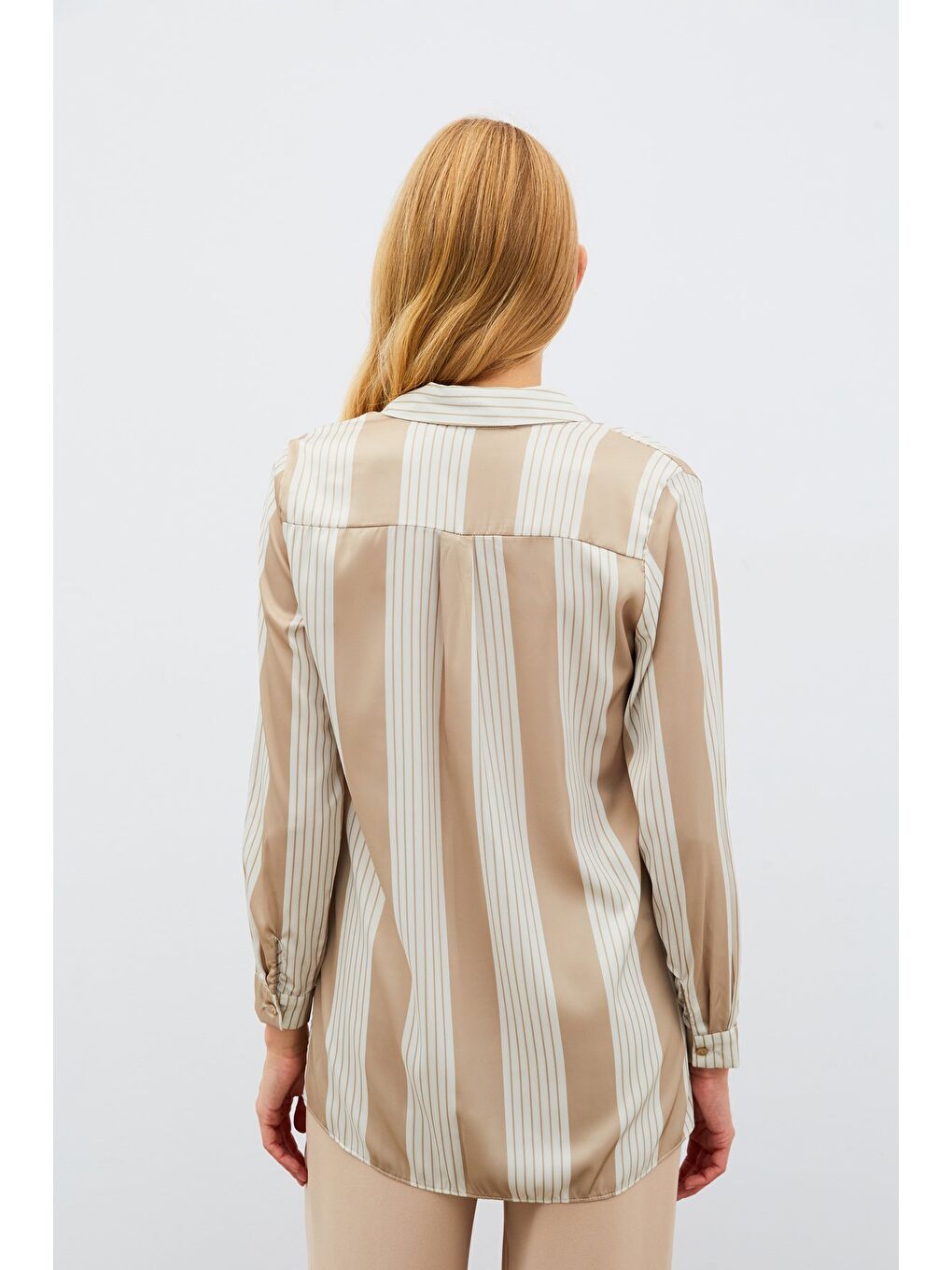 Çizgi Desenli Gömlek - Bej-6