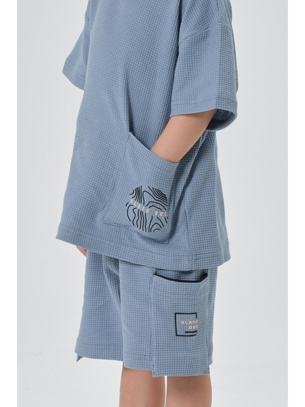 Mavi Erkek Çocuk Penye Waffle Kumaş Alt Üst Takım-2