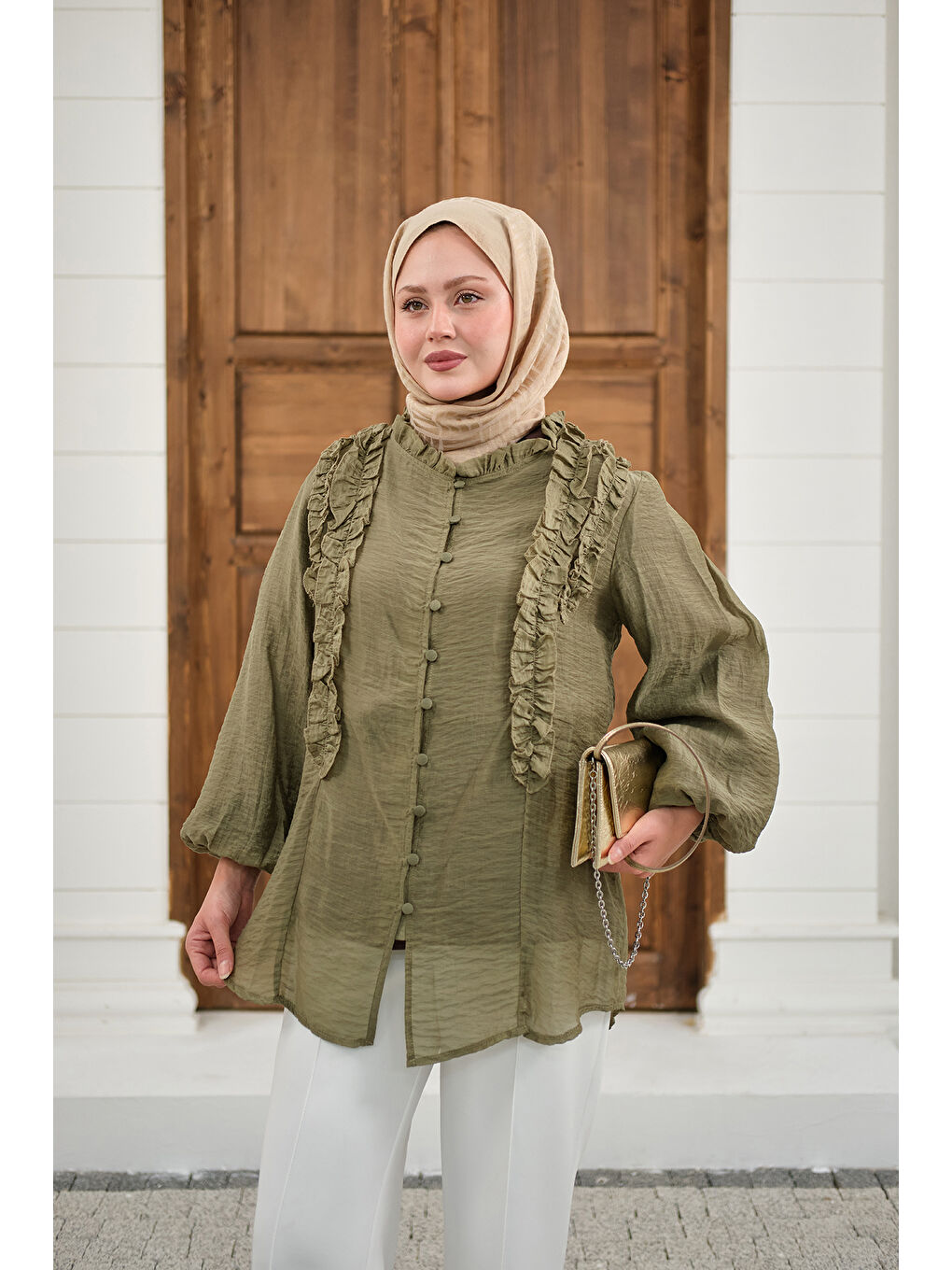 Kadın Yaka Büzgülü Gömlek Haki Yeşil