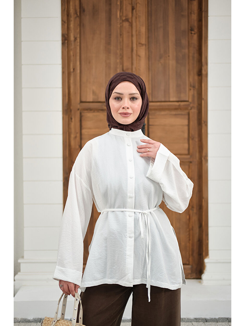 Kadın Duble Kol Yırtmaçlı Gömlek Ekru