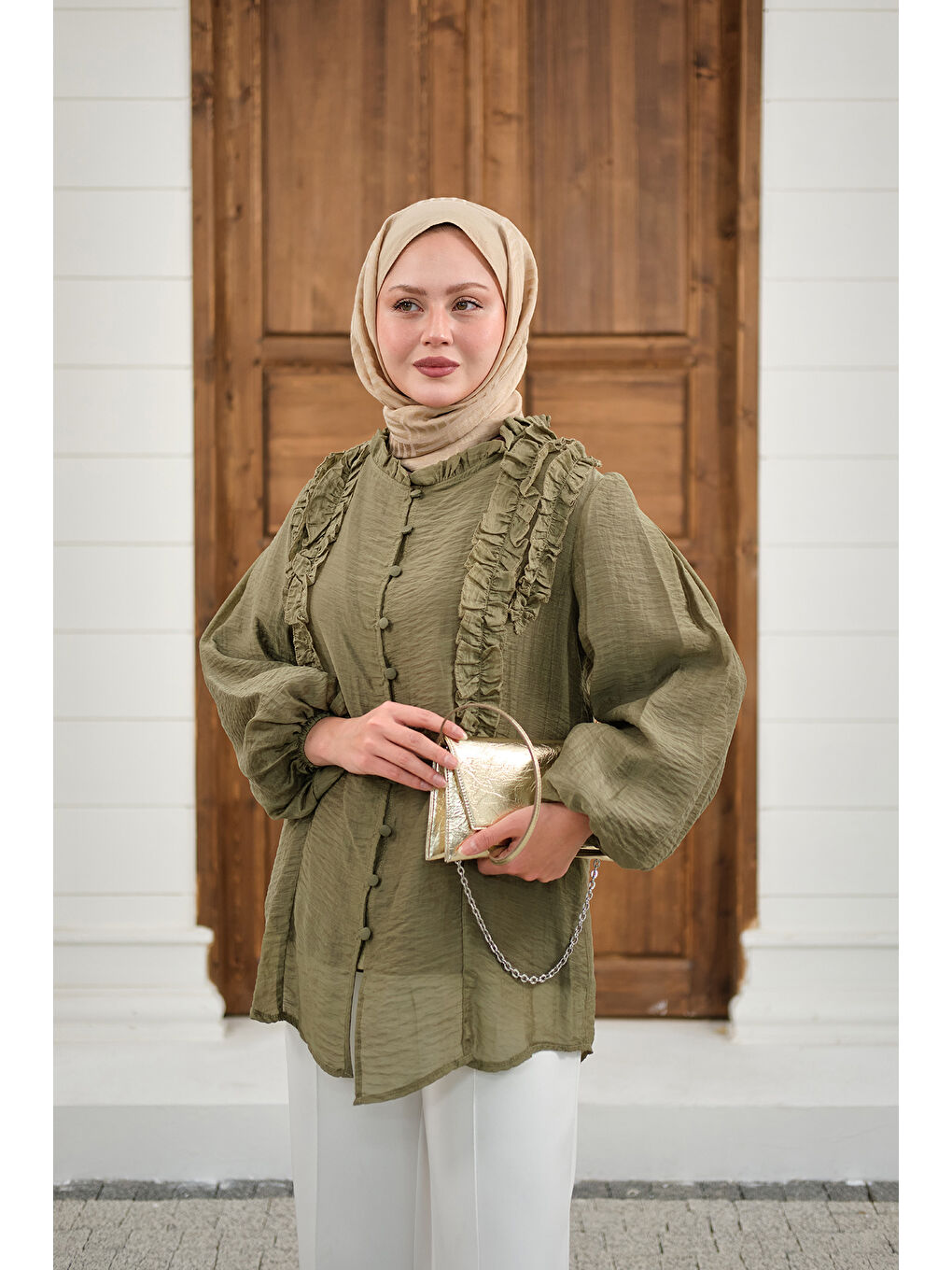 Kadın Yaka Büzgülü Gömlek Haki Yeşil-1