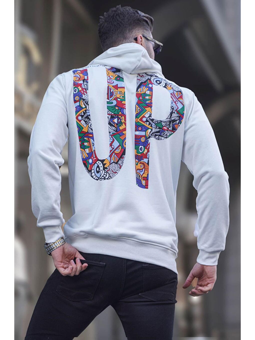 Madmext Ekru Arka Baskılı Kapüşonlu Sweatshirt 6040 - 1