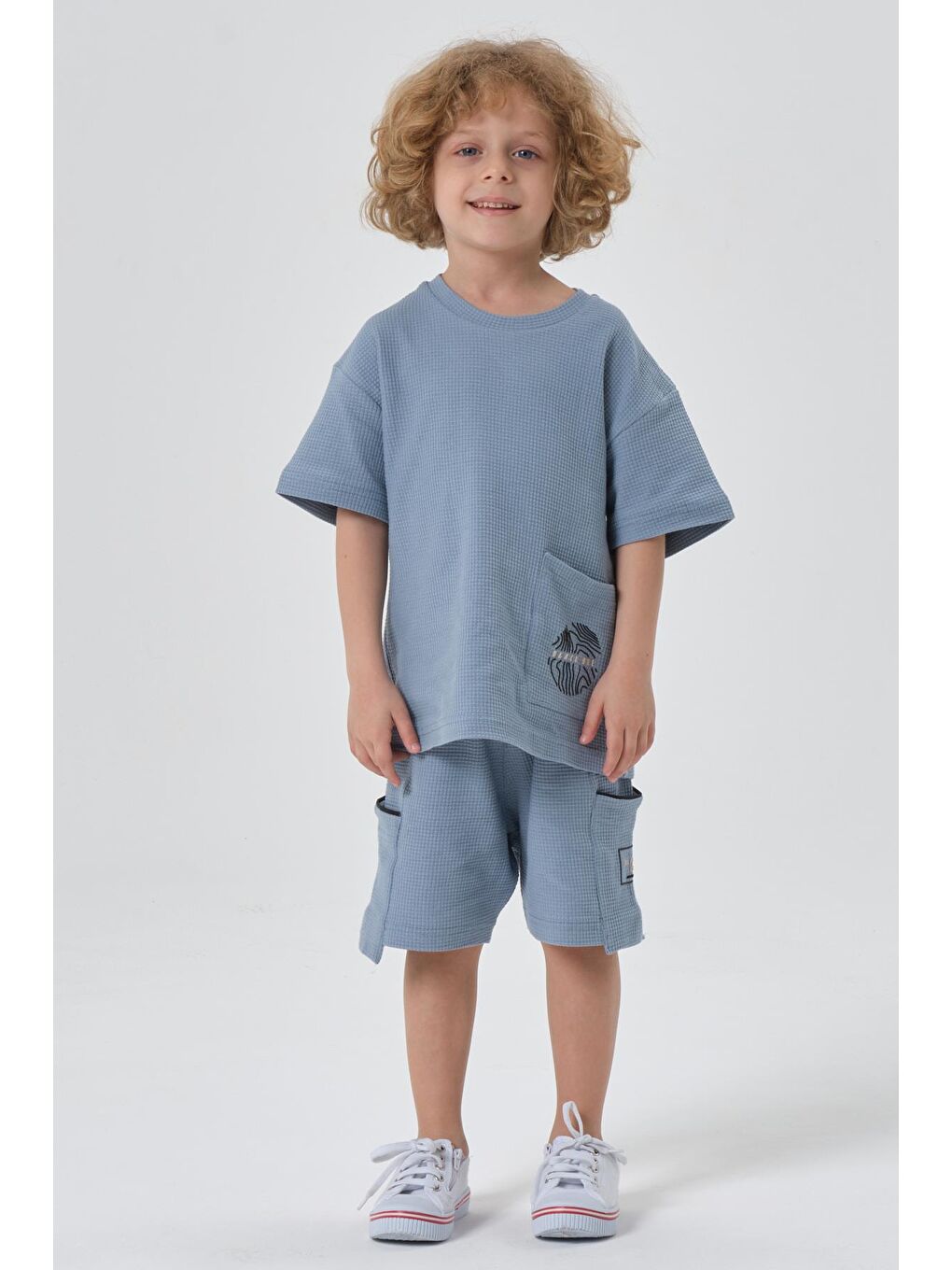 Mavi Erkek Çocuk Penye Waffle Kumaş Alt Üst Takım-3
