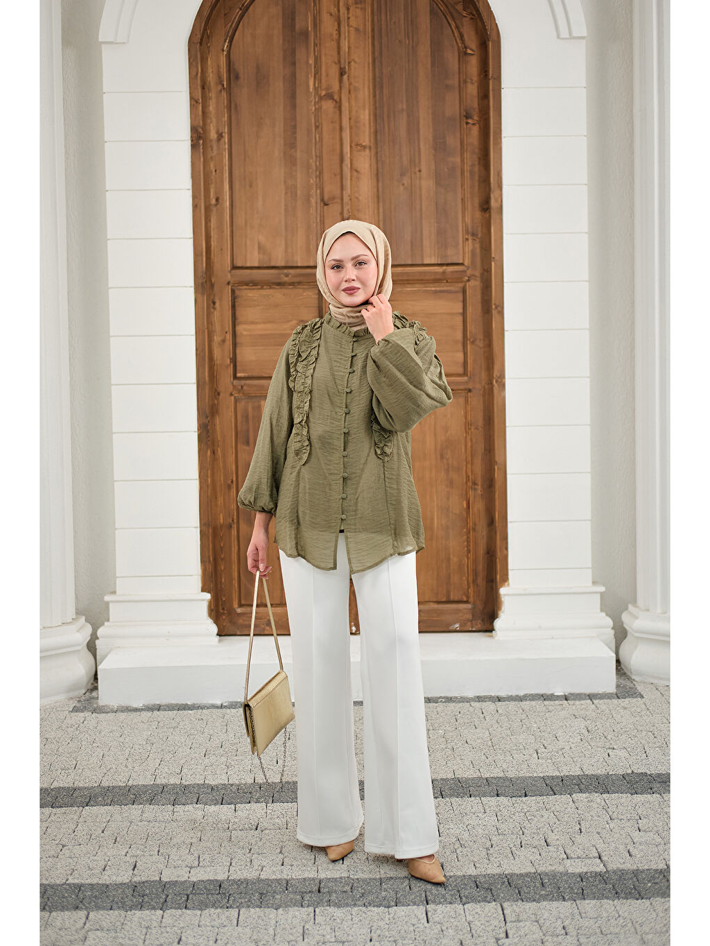 Kadın Yaka Büzgülü Gömlek Haki Yeşil-2