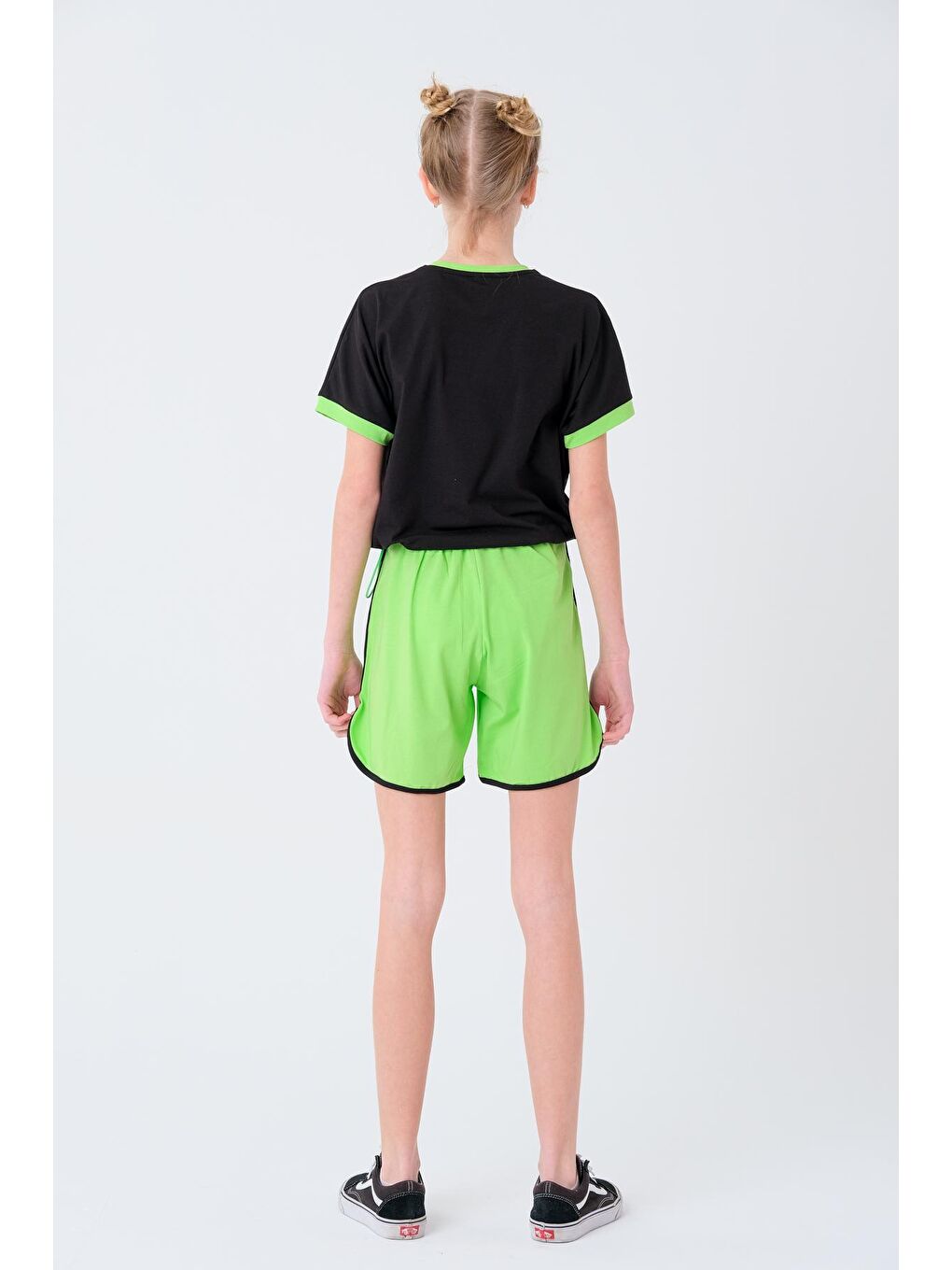 Siyah Kız Çocuk Garnili Şortlu Takım 8-14 Yaş T2047-3