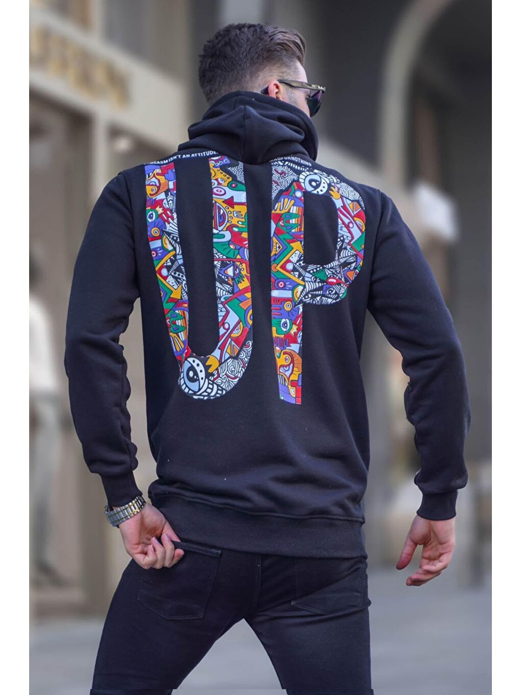 Madmext Siyah Arka Baskılı Kapüşonlu Sweatshirt 6040