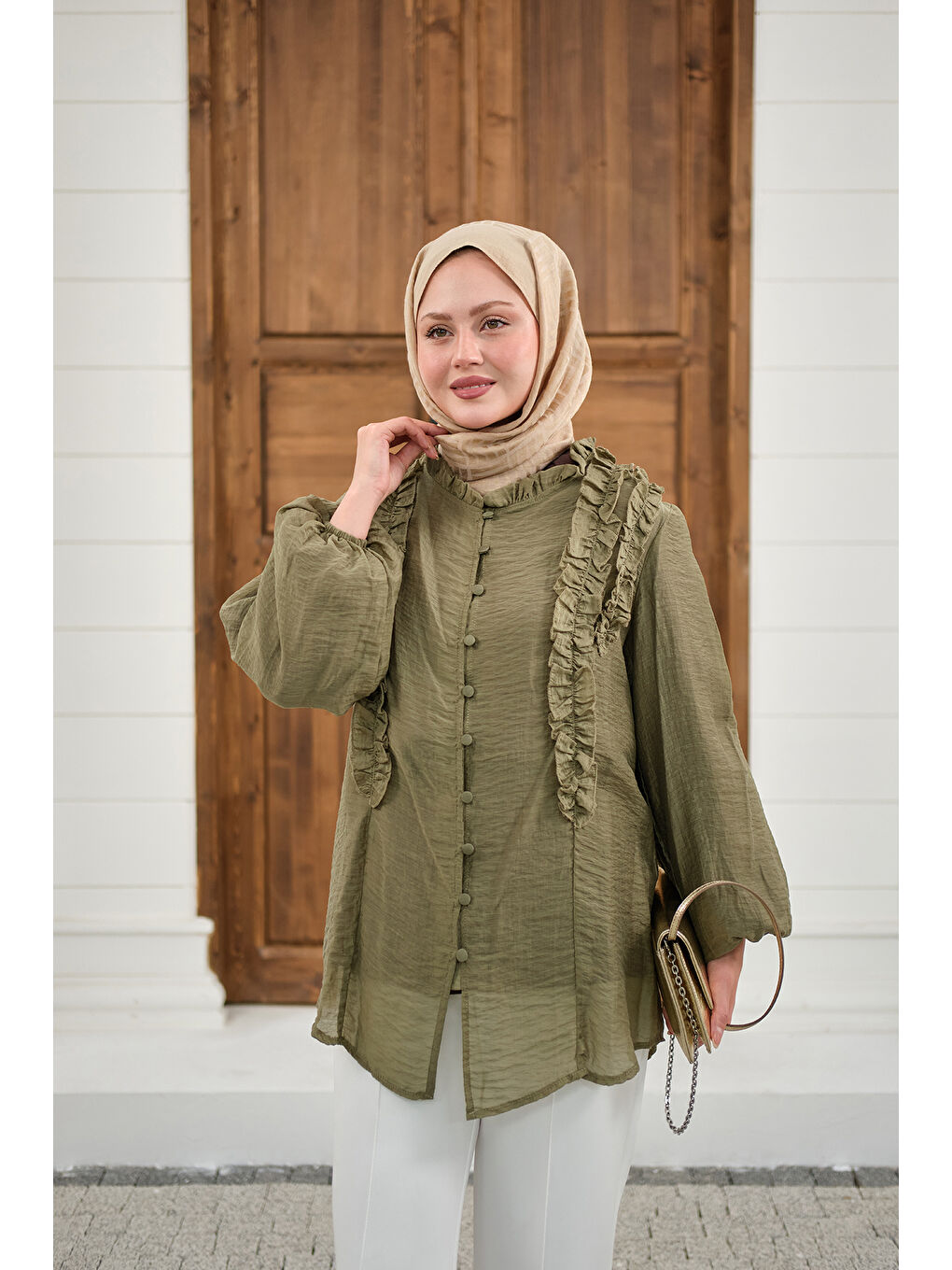 Kadın Yaka Büzgülü Gömlek Haki Yeşil-3